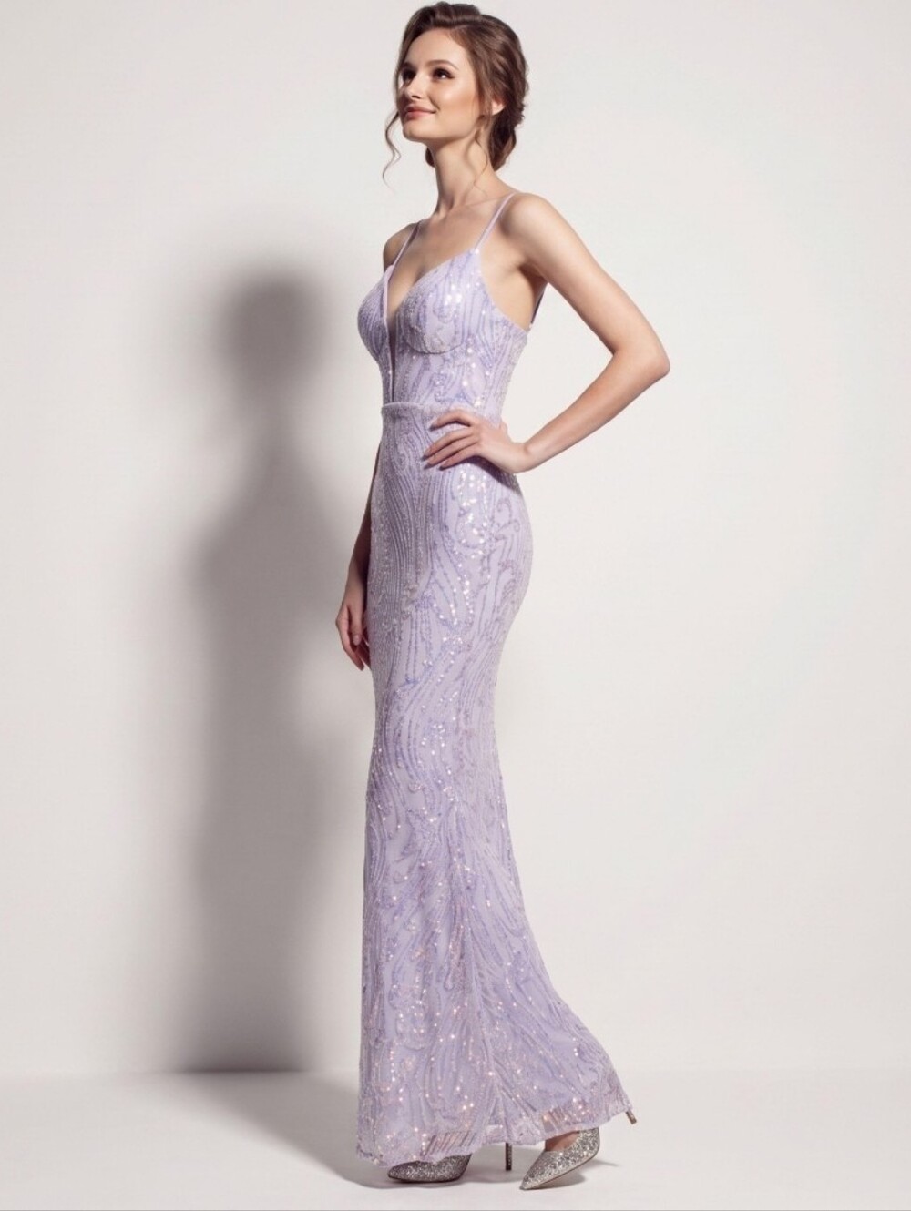 Lilac Sequin Spaghetti-Strap Evening Gown - Picture 4 of 11